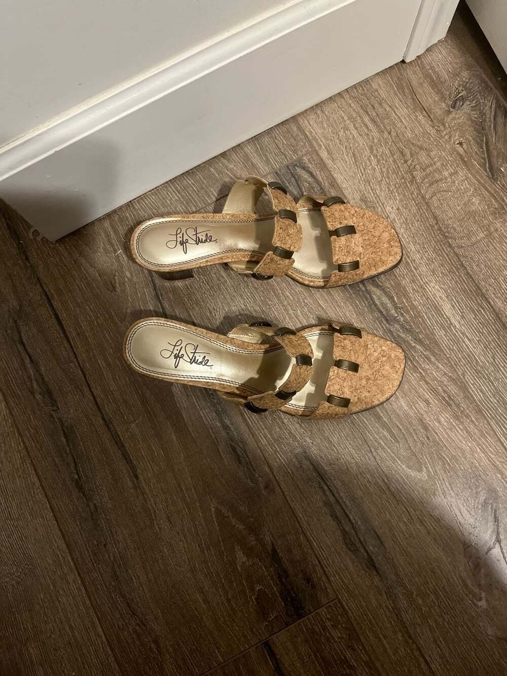 LifeStride Sunset Cork Look Slide Sandals with Brass Accents